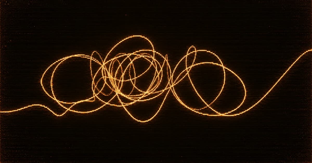 An abstract tangle of thin, glowing lines forming overlapping loops and knots across a dark background, with loose strands extending toward both edges.