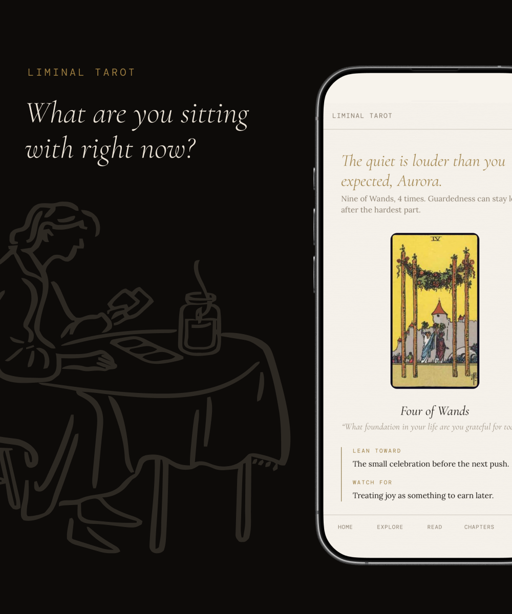 Liminal Tarot — daily card view showing Four of Wands with personalised reflection.